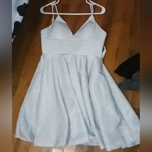 White sparkle corset back knee length spaghetti strqp dress